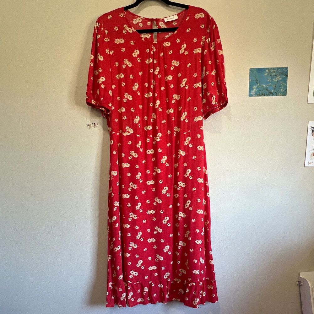 Böhme Women's Red White Floral Midi Dress Puff Sleeve A-Line Lined XL